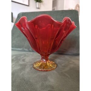 VTG LE Smith Art Glass Bowl Vase Red Orange‎ Amberina Handkerchief